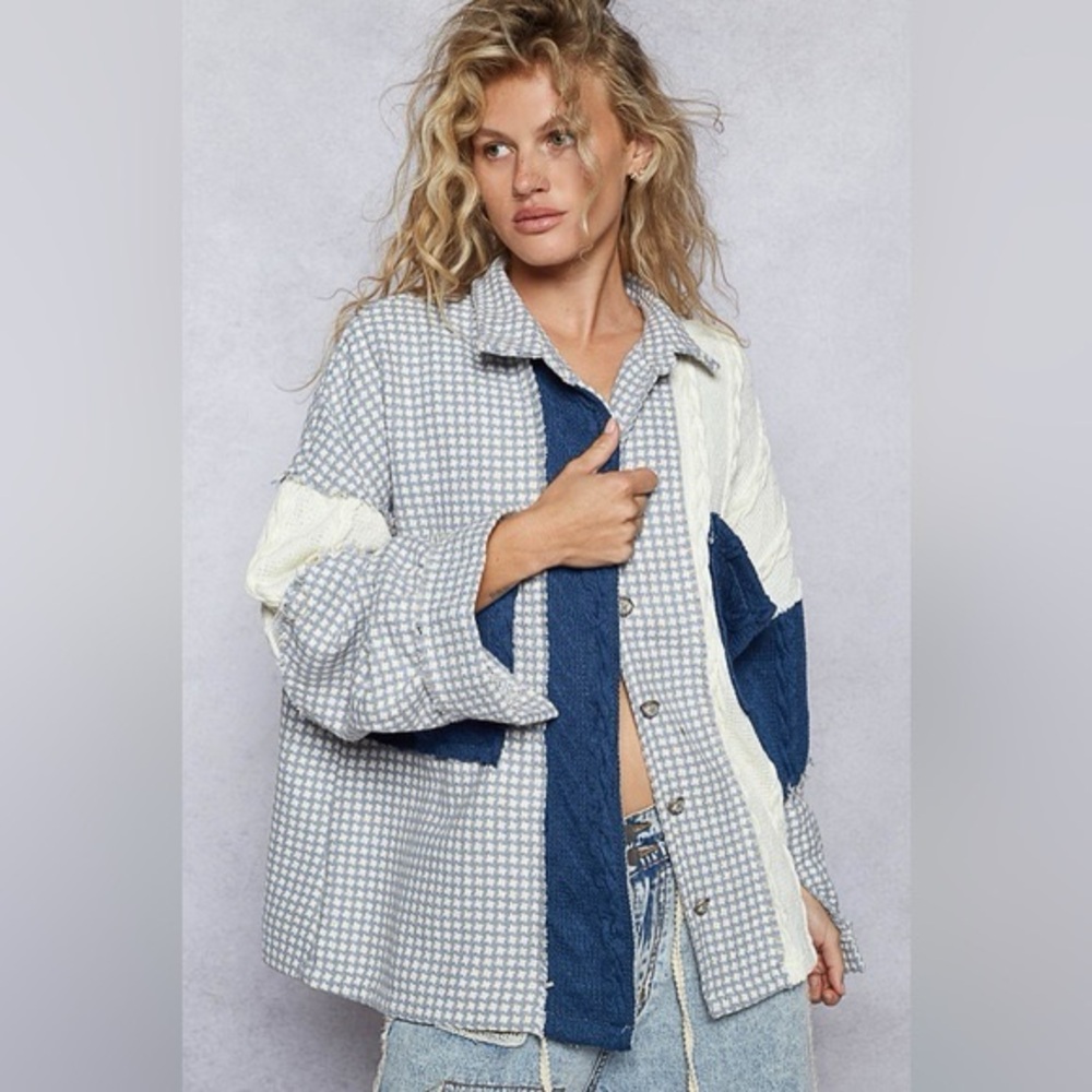 0002 POL Women's Houndstooth Panel Shacket in Sky Cream Multi